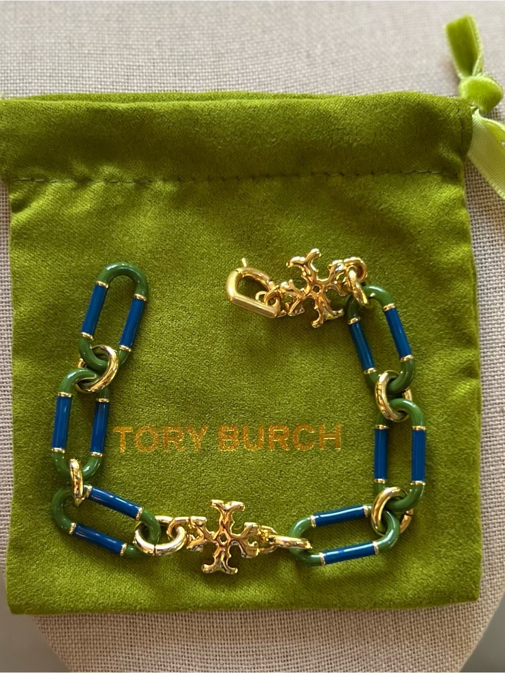 Tory Burch Blue, Green & Gold Enamel Link Bracelet